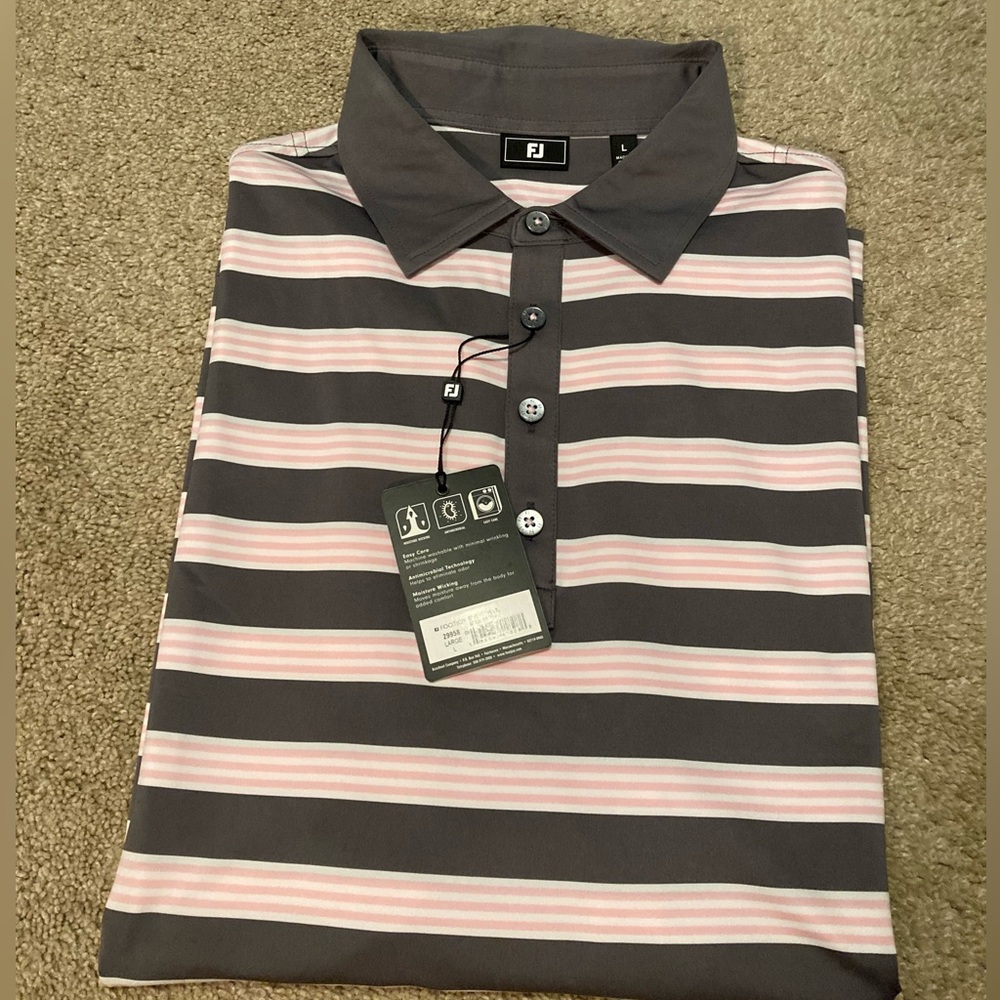 FootJoy Men's Gray and Pink Striped Polo Shirt